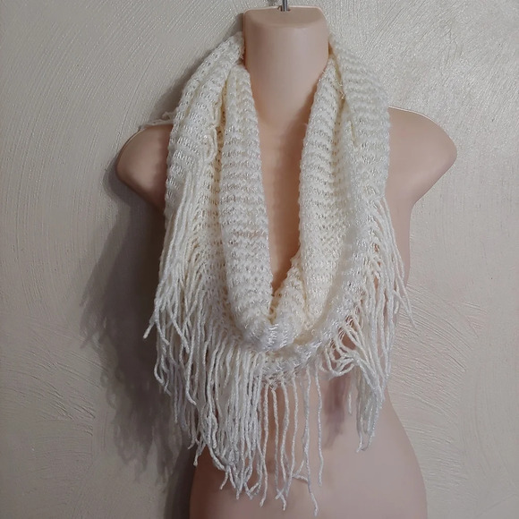 White Knit Infinity Scarf with Sequin Accents and Tasseled Ends - Picture 1 of 4